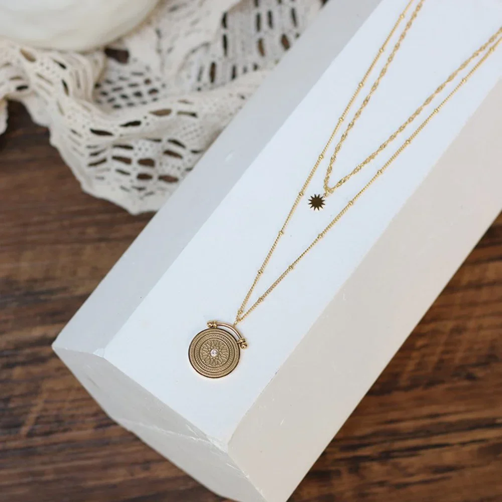 NEW 18K Gold Plated Vintage Diamond Coin Star Double Layer Necklace - Picture 4 of 14